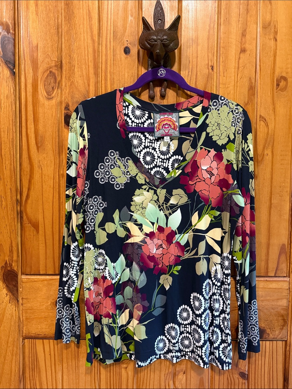 Johnny Was Black Floral V-Neck Long Sleeve Top with Red and Green Accents